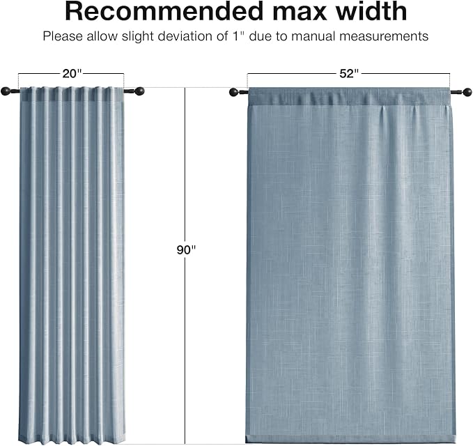 Anmao Natural Linen Curtains for Living Room 90 Inch Length 2 Panels Set, Light Filtering Semi Sheer Window Curtain Drapes for Bedroom with Curtain Rings and Clips, 52 Inch Wide Each Panel, Haze Blue
