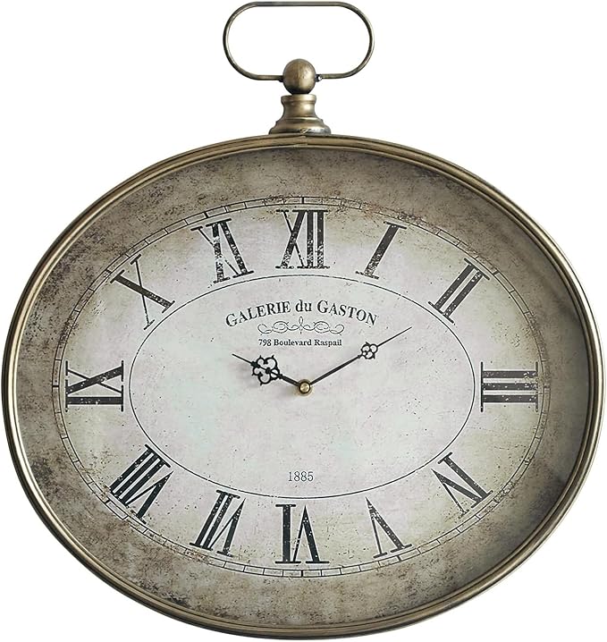 Large Vintage Wall Clock - 20 inch, Oval Pocket Watch Design, Retro Gold, Roman Numerals, Battery Operated, Antique Decorative Wall Clock for Living Room, Entryway, Kitchen, Bedroom