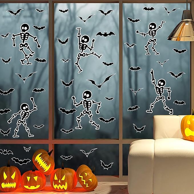 Halloween Wall Decals and Skeleton Window Clings - 6 Sheets 43 Pcs Removable Black Ghost Bat Wall Stickers for Mirrors, Windows, Home Bedroom Party Decor