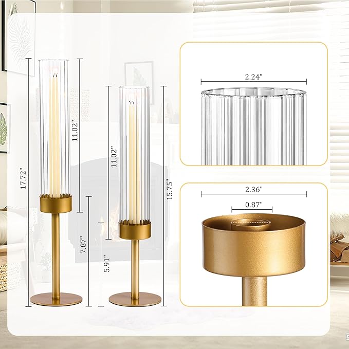 Volens Hurricane Glass Candle Holders Gold: Set of 6 Taper Candle Holders with Ribbed Cylinder 11'' Tall Windproof Chimney Cover for Outdoor/Indoor Table Centerpiece Wedding Party Home Decor