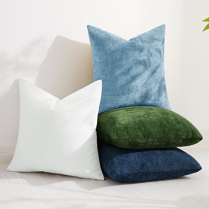 decorUhome Chenille Grey Blue Throw Pillow Covers 12x20 Inch Set of 2, Decorative Soft Couch Pillow Covers Solid Dyed Accent Farmhouse Neutral Rectangle Pillow Cases for Sofa Bed Living Room