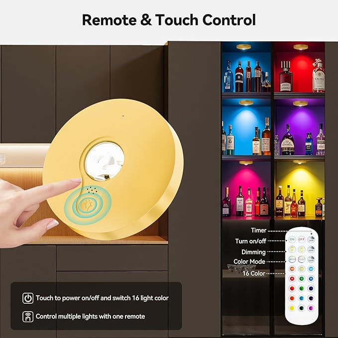 Rechargeable Puck Lights with Remote, 6 Pack Magnetic Under Cabinet Lighting, 1500mAh Battery Operated LED Tap Lights with Dimmer & Timmer for Kitchen, Closet, Shelf - 3 Color Temps & 12 RGB, Gold