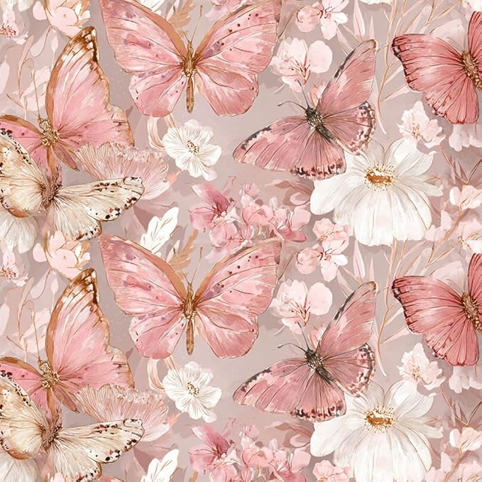 Removable Peel and Stick Wall Stickers 39.37x15.75 Inch Soft Pink Butterfly Floral Artwork Elegant Modern Botanical for Bedroom Nursery Living Room Decor