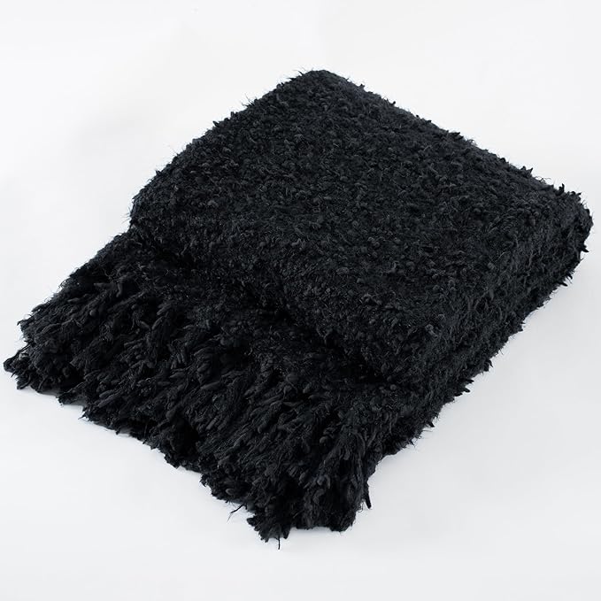 Knit Throw Blanket Fluffy Fuzzy Soft Lightweight Cozy Farmhouse Tassels Chunky Knitted Throws for Couch Sofa Bed (Black, 60"x80")