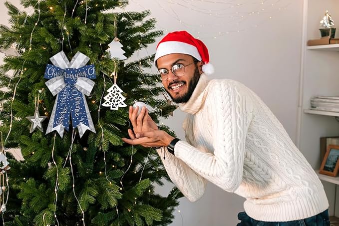 ABTOLS 2PCS Christmas Wreath Bows, Sliver Glitter Bows for Wreath Xmas Dot Decor Bow for Front Door Blue Tree Topper Bows for Winter New Year Wall Ornaments Home Indoor Outdoor Decor