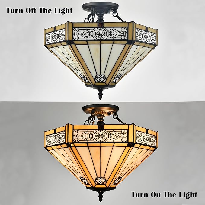 SAMTEEN Tiffany Style Semi Flush Mount Ceiling Light 3-Light Stained Glass Ceiling Light 16 Inches Tiffany Flush Mount Light Fixture for Hallway Foyer Bedroom Kitchen Living Room