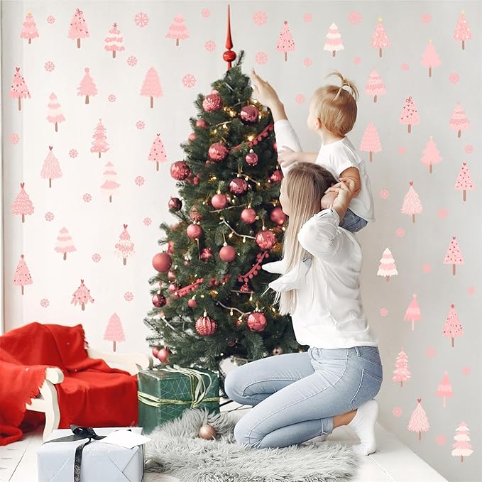 Pink Christmas Tree Wall Decals Merry Christmas Wall Stickers Peel and Stick Xmas Snowflake Sticker for Crafts Decoration Home Indoor Pink Pine Tree Decal for Kids Bedroom Winter Holiday Party Decor