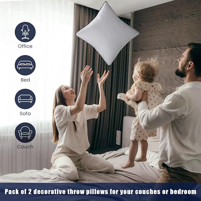 Throw Pillow Inserts Set of 2-Fluffy Square Cushions with 100% Cotton Covers-Decorative White Pillow Fillers for Sofa, Bed, Couch, Living Room, Indoor Hotel Pillows (22x22 Inch (Pack of 2)-Blue Edge)