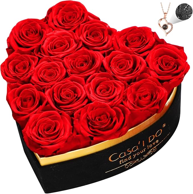 Preserved Roses Flowers for Delivery 16 Pcs, Forever Flores in Heart Box with Necklace, Eternal Rose Anniversary Birthday Gift for Women Wife Girlfriend, Rosas for Valentines Christmas, Red