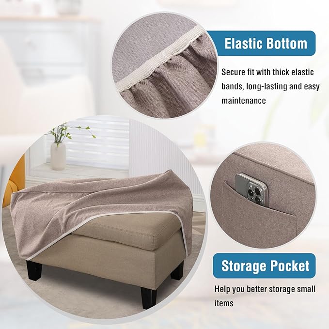 H.VERSAILTEX Ottoman Covers Slipcover Rectangle Fit Length 33"-34" Footrest Thick Durable Linen Look 1 Piece Folding Storage Covers Ottoman Slipcovers Footrest Covers Elastic Bottom - Heather Taupe