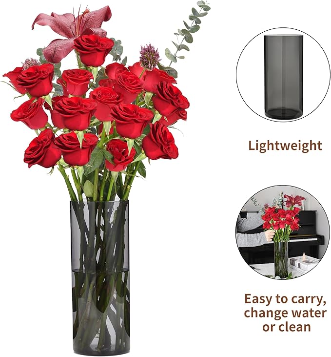Flower Vase, Non-breakable Vases, 8" W x 8" H, Acrylic Grey Vase, Aesthetic Room Decor Cylindrical Modern Flower Vases for Table Centerpiece, Home Decor, Women Floral Arrangement Gift