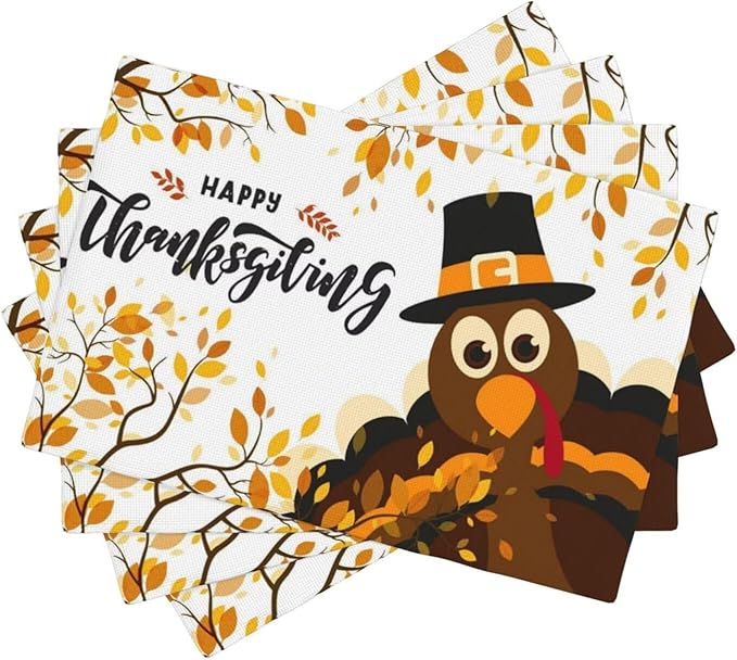 Thanksgiving Turkey Placemats, Cartoon Turkey Autumn Branch Yellow Leaves Fall Harvest Kitchen Dining Table Decoration for Indoor Outdoor Farmhouse Home Party Decor, 4PCS