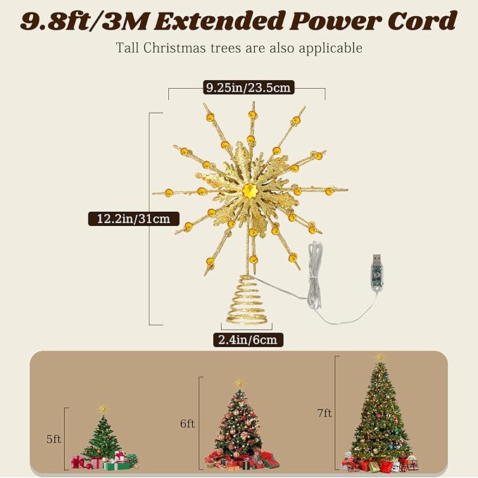 Lewondr Christmas Tree Topper, 12.2'' Metal Xmas Star Tree Topper with 20 LED Bulbs, USB Powered Glittered 12-Pointed Treetop for Christmas Ornaments, Remote Control, 6H Timer, 8 Light Modes, Gold