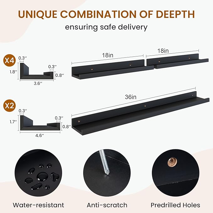 Axeman Picture Ledge Shelf, Floating Shelves for Decor Storage Set of 6, 36 inch Floating Wall Mounted Shelves, Wall Shelves with Lip for Living Room, Bedroom, Nursery, Bathroom, Kitchen, Black