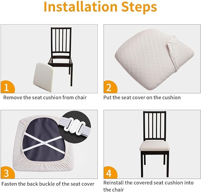 Fuloon Waterproof Seat Cushion Covers 4 PCS, Stretch Jacquard Chair Seat Covers Washable Dining Room Chair Slipcovers Removable Kitchen Cushion Protector (4, Waterproof-Pale Beige)
