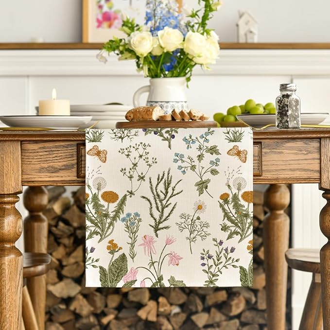 Artoid Mode Wildflowers Floral Spring Table Runner, Butterfly Seasonal Summer Kitchen Dining Table Decoration for Home Party Decor 13x36 Inch