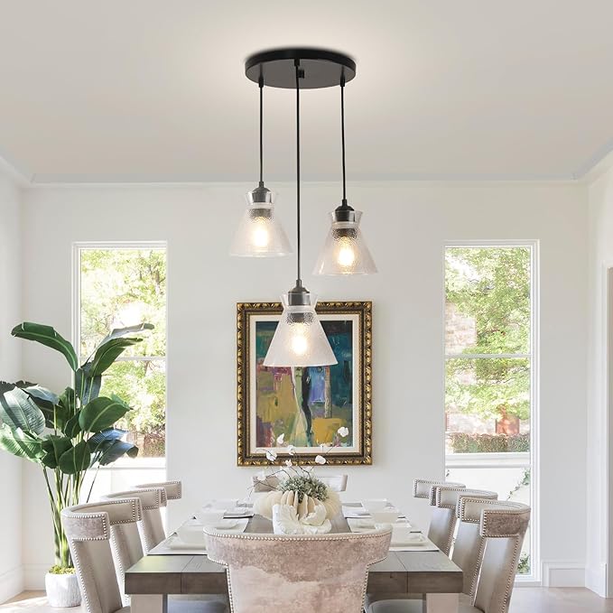 Industrial Hanging Pendant Lighting for Kitchen Island Black Brushed Glass 3-Light Linear Chandelier for Dinning Room Entryway Bedrooms Farmhouse
