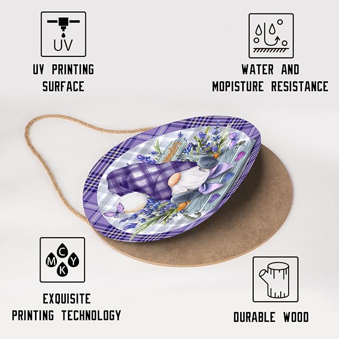 Spring Gnome Lavender Flower Sign for Front Door 12"x12" Summer Purple Floral Buffalo Plaid Wood Door Hanger for Outdoor Outside Porch Spring Summer Farmhouse Wooden Wreath for Wall Porch Yard
