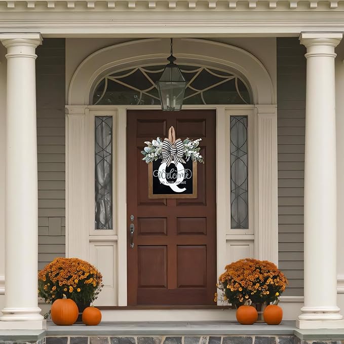 Ultra Large 14'' Last Name All Year Round Front Door Wreath with 26 Initial Letter Welcome Sign All Seasons Eucalyptus Garland and Bow Wreaths for Front Door Porch Farmhouse Decoration (Q)
