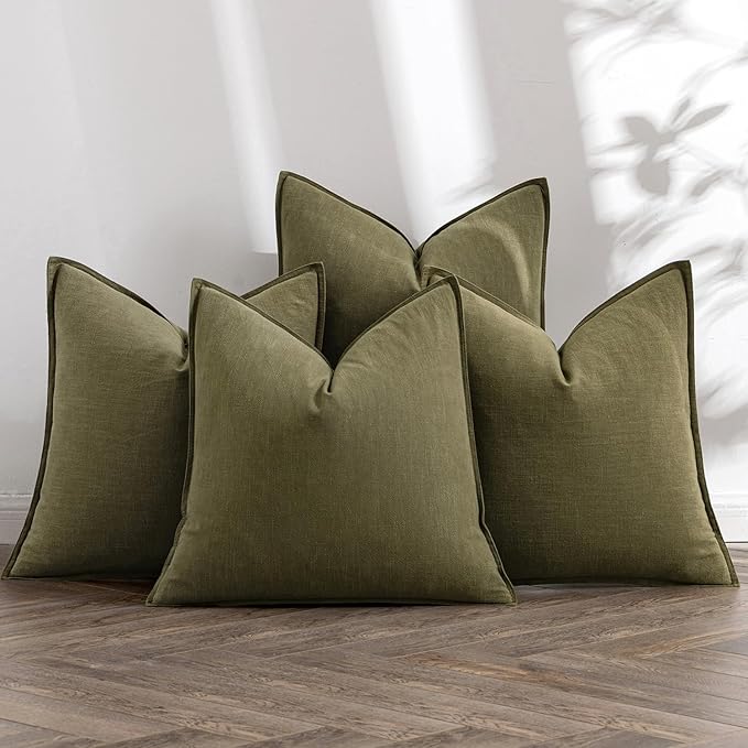 MIULEE Olive Green Linen Pillow Covers Pack of 4 Decorative Natural Solid Throw Pillow Covers Soft Accent Boho Farmhouse Couch Pillowcases Modern Home Decors for Living Room Bed Sofa 20x20 Inch