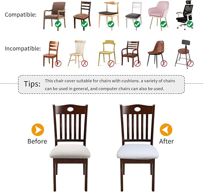 Fuloon Stretch Chair Seat Covers 6 PCS, Removable Washable Dining Chair Covers Anti-Dust Dining Room Seat Cushion Slipcovers (6, White)