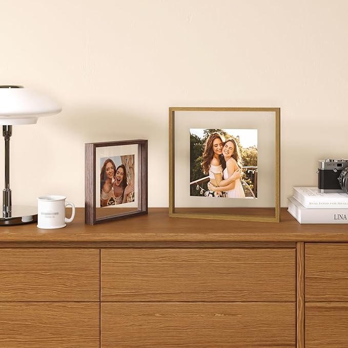 Egofine 8x8 Floating Frames Set of 2, Double Plexiglass Picture Frame, Made of Solid Wood Display Any Size Photo up to 8x8, Wall Mount or Tabletop Standing, Carbonized