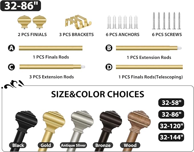 Adjustable Curtains Rods for Windows 48 to 84 Inch, USFOOK 7/8 Inch Splicing Single Curtain Pole Set, Decorative Drapery Rods 32 to 86 Inch for Home, Gold Square Finials