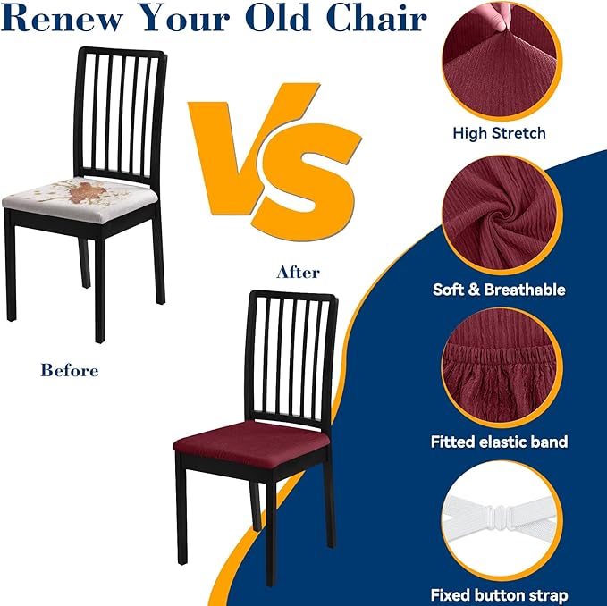 Dining Chair Seat Covers, Washable Dining Room Chair Seat Covers Set of 4, Removable Kitchen Seat Covers Chair Covers for Dining Chairs