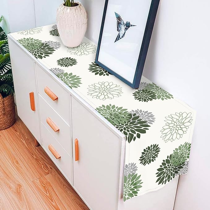 Sage Green Gray Table Runner Dahlia Pinnata Flower Beige Table Runners Modern Elegant Pompon Farmhouse Geometric Table Center Decor for Girls Room Dining Party Patio (13 x 90 Inch)