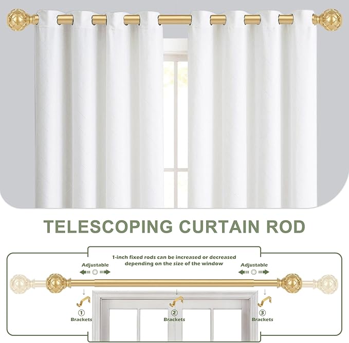 Gold Curtain Rods for Windows:Farmhouse Boho Decorative Curtain Rod for Bedroom Living Room,Heavy Duty Adjustable Rustic Drapery Rods Set with Vintage Coastal Texture Finials,Brass Gold 72-144"