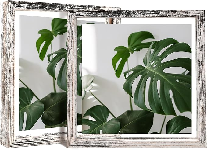 Egofine Distressed White 8x8 Floating Frames Set of 2, Double Plexiglass Picture Frame, Made of Solid Wood Display Any Size Photo up to 8x8, Wall Mount or Tabletop Standing