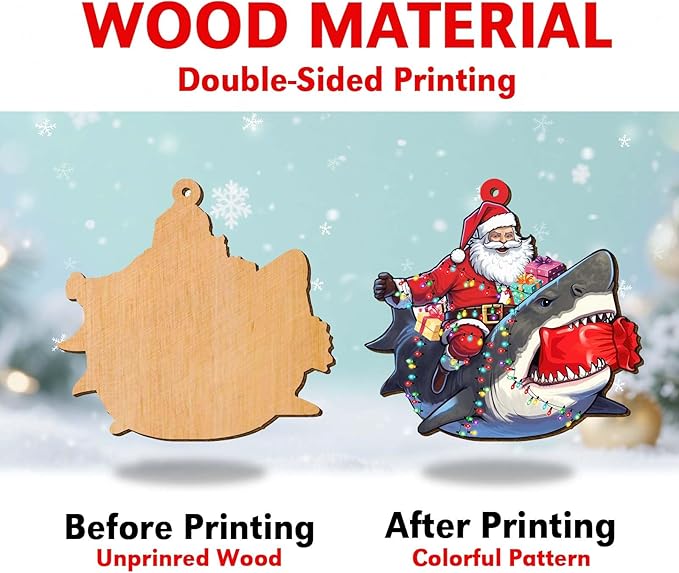 Santa Ornament - Wooden Xmas Tree Hanging Decorations - Santa Riding Shark Christmas Home Decor - Christmas Ornament Gifts - 2 Side Printed Ornaments