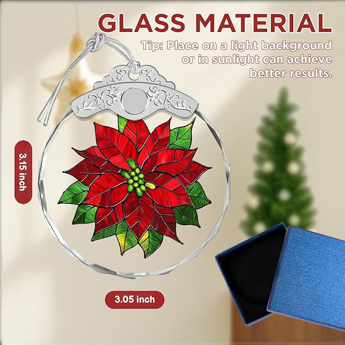 Christmas Ornaments - Poinsettia Stained Glass Ornament - Xmas Decor - Ornaments for Christmas Tree - Holiday Presents - Gift Exchange Ideas - Car Hanging Decoration - Wine Bottle Decor