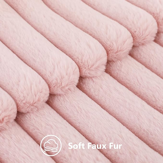 decorUhome Faux Fur Christmas Throw Pillow Covers 20x20 Set of 2, Decorative Soft Plush Striped Neutral Couch Euro Pillow Covers with Velvet Back for Sofa, Bed, Living Room Home Decor, Pink