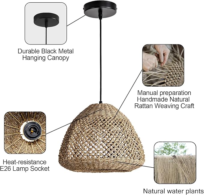 Rattan Pendant Light,15" Rustic Hand-Woven Boho Wicker Hanging Light Water Plants Rattan Chandelier for Kitchen Farmhouse Dining Living Bedroom Gazebo
