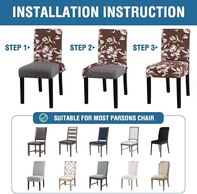 H.VERSAILTEX Stretch Dining Chair Covers Set of 4 Chair Covers for Dining Room Parsons Chair Slipcover Chair Protectors Covers Dining, Feature Modern Floral Printed Design, Chocolate
