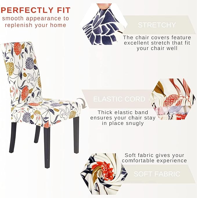 Stretch Chair Covers Slipcovers Set of 6 Printed Stretchable Dining Chair Slipcover Washable Removable for Kitchen,Hotel,Restaurant