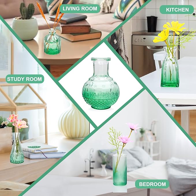 Brajttt Bud Vase Set of 25, Green Vases, Glass Bud Vases in Bulk, Small Vases for Mini Flower Vase Set, Cute Vintage Glass Vases Set for Flower,Wedding,Home,Centerpiece Table Decorations