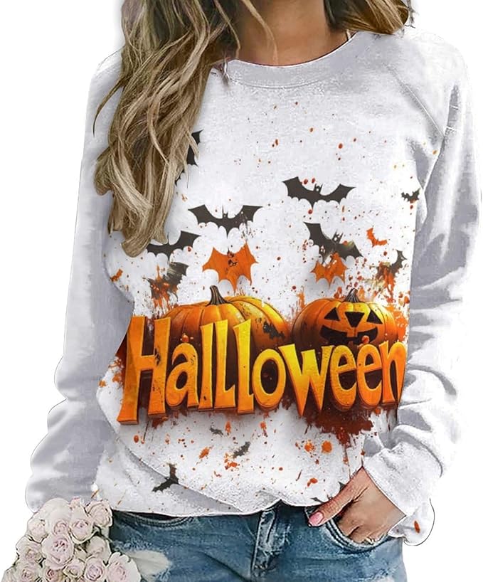 Halloween Sweatshirts for Women Funny and Spooky Print Crewneck Oversized Pullover Outdoor Lounge Fashion Sweater
