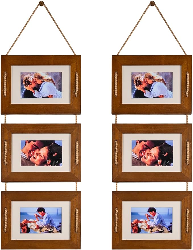 DLQuarts 5x7 Hanging Picture Frames Collage Wall Decor, 3 Opening 5x7 Matted to 3.5x5 Photo Rustic Wood Frame, Dark Walnut, 2 Pack