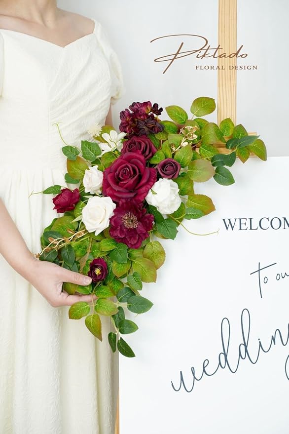 Wedding Decor (Pack of 2) Welcome Sign Flower Backdrop Garland for Ceremony Reception Wall Easel Home Decoration Entryway Faux Outdoor Board Head Table Decor (Burgundy & White)