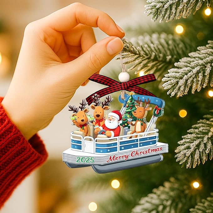 Pontoon Boat Christmas Ornament - Pontoon Ornament - Boating Ornaments for Christmas Tree - Funny Santa Gag Gifts for Boating Lovers, Men Pontoons Gift - Boat Decorations - Acrylic Xmas 2025