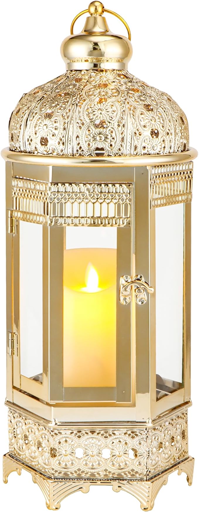 TRIROCKS Moroccan Candle Lantern16'' Gold Hexagonal Candle Holder with Tempered Glass Decorative Indoor Outdoor Ramadan Lantern for Living Room Garden Yard Patio Parties Events (Gold)
