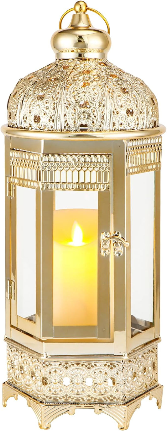 TRIROCKS Moroccan Candle Lantern16'' Gold Hexagonal Candle Holder with Tempered Glass Decorative Indoor Outdoor Ramadan Lantern for Living Room Garden Yard Patio Parties Events (Gold)