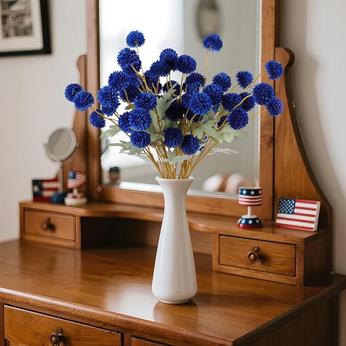 Hananona 12 Piece Artificial Chrysanthemum Flowers, Blue Mini Kiku Pom Pom Mums Patriotic Flower Faux Floral Arrangements 4th of July Centerpiece for Home Kitchen Decor (12, Blue)