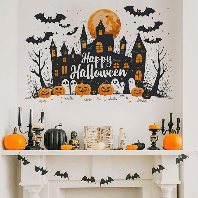 Halloween Wall Decals – Skeleton Pumpkin Stickers with Witch Hat, Bats, Black Cats & Stars, Removable Vinyl Decorations for Party or Home Decor
