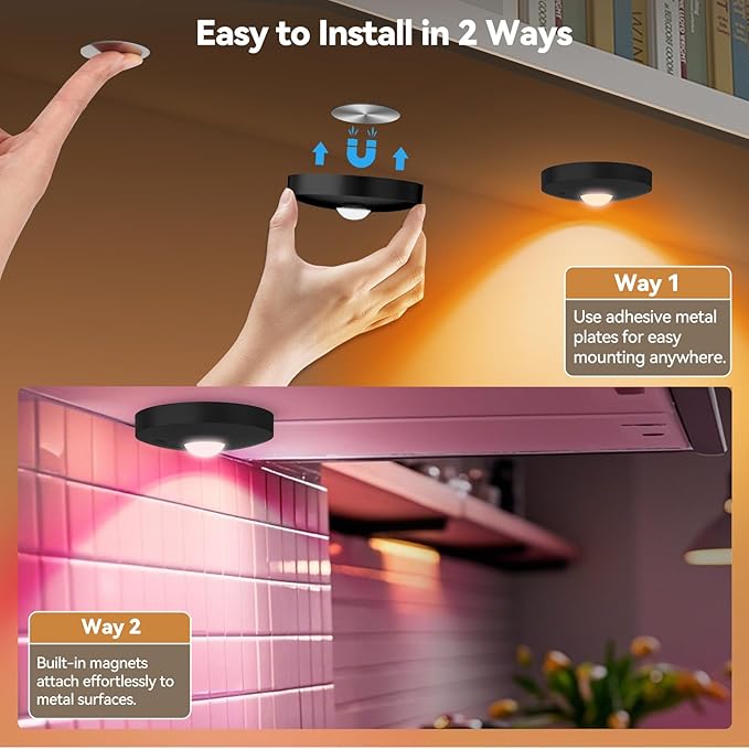 Rechargeable Puck Lights with Remote, 12 Pack Magnetic Under Cabinet Lighting, 1500mAh Battery Operated LED Tap Lights with Dimmer & Timmer for Kitchen, Closet, Shelf - 3 Color Temps & 12 RGB, Black