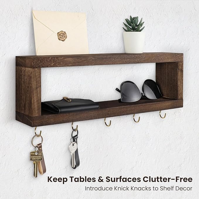 Wall Shelf with Hooks - Decorative Key and Wallet Holder for Wall Holds Sunglasses, Leashes, Scarves and Lanyards - 15.7" x 5.1" x 2.9" Entryway Organizer Made of Paulownia Wood (Brown)