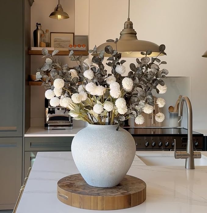 Laelfe 10 Kiku Artificial Flowers + 5 Large Eucalyptus Branches, Silk Fake White Flowers Pompon Mums (Ball Flower Stems) - Decor for Home, Wedding Filler, Centerpieces & Shower Arrangements