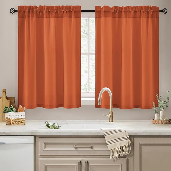 HOMEIDEAS Non-See-Through Fall Burnt Orange Privacy Kitchen Sheer Curtains 36 Inches Long 2 Panels Set Light Filtering Curtains for Living Room Bedroom Drapes,W30xL36